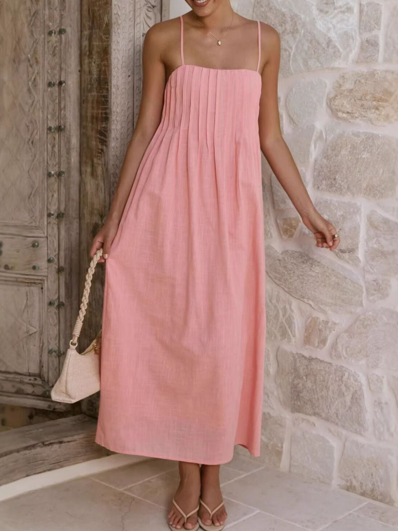 Pleated Bodice Midi Cami Dress