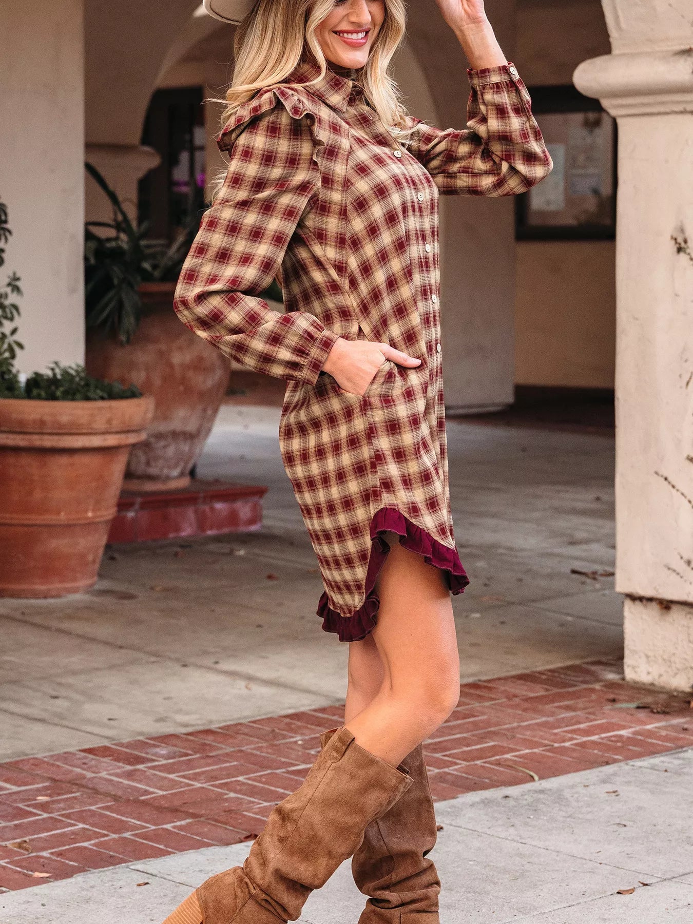 Plaid Print Ruffled Long Sleeve Patchwork Hem Mini Shirt Dress
