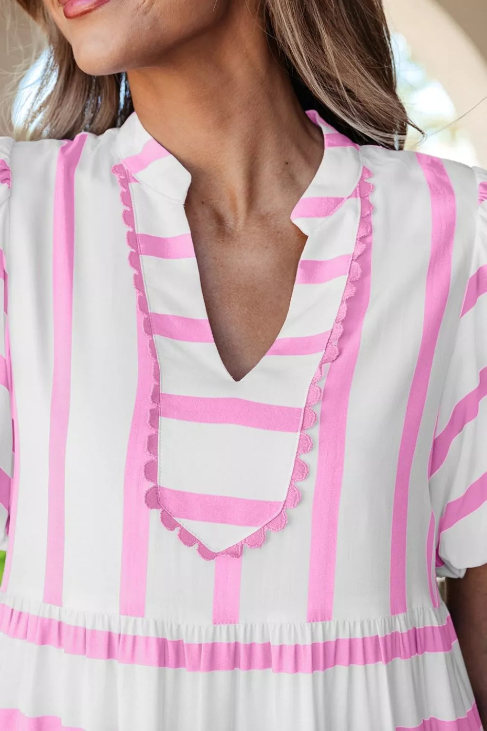 Stripe Ricrac Trim Notched Neck Half Sleeve Dress