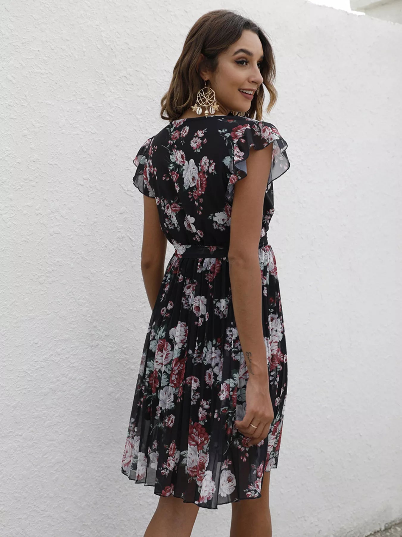 Pleated Floral Print Ruffle Sleeve Dress