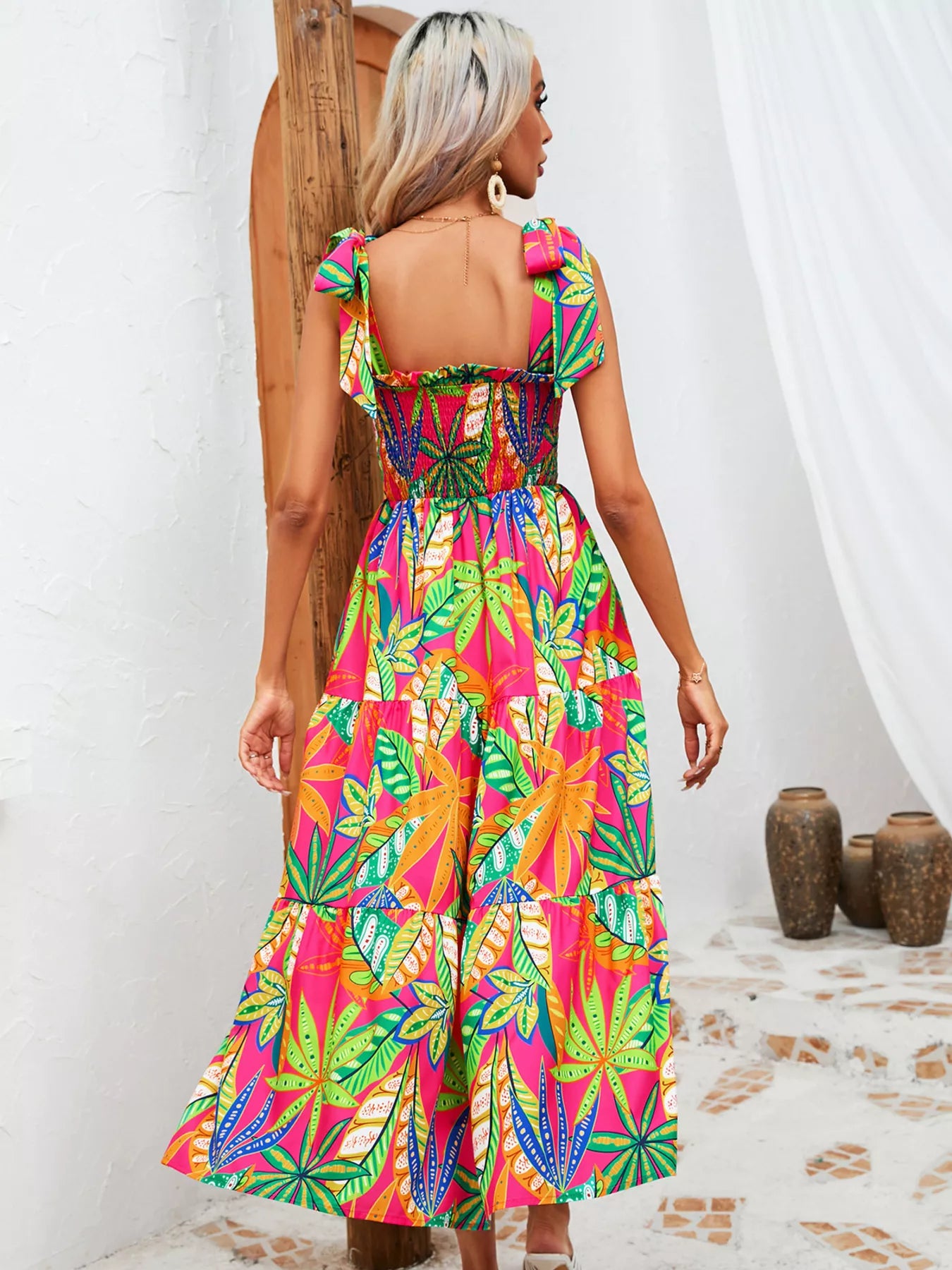 Tropical Print Smocked Tie-Strap Dress
