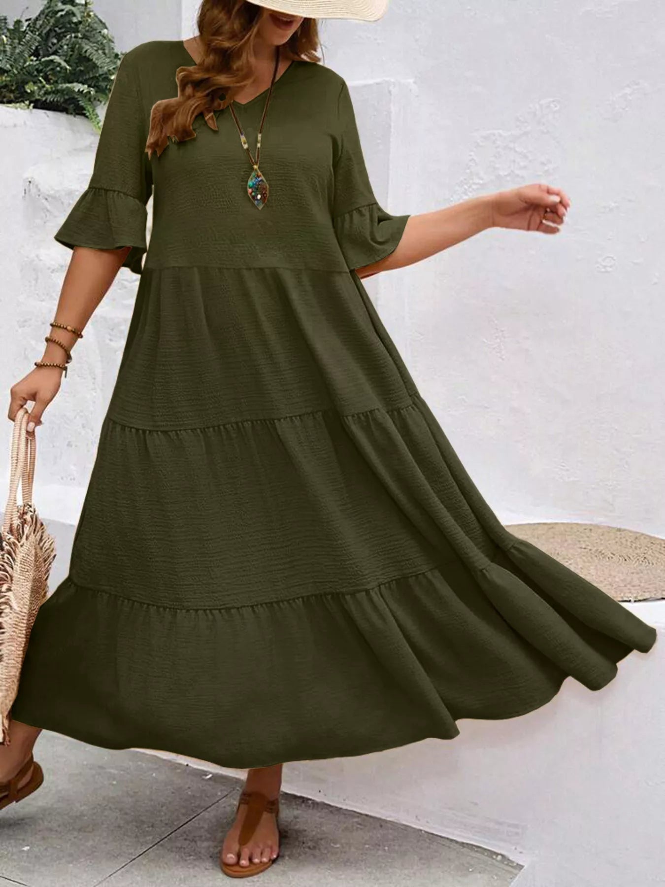 Plus Size Ruffle Sleeves Tiered Midi Dress