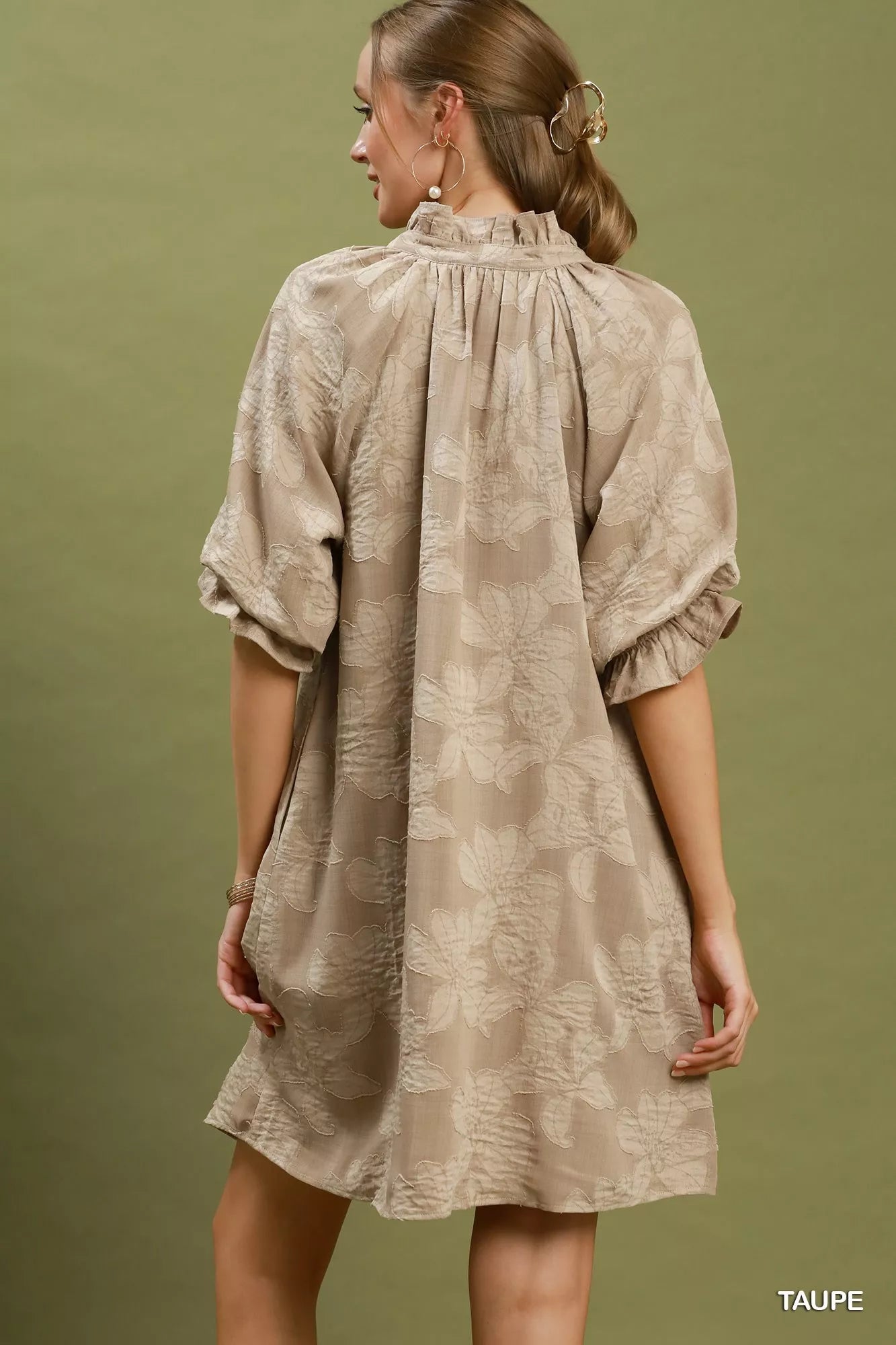 Umgee Floral Textured Jacqaurd V-Neck Dress