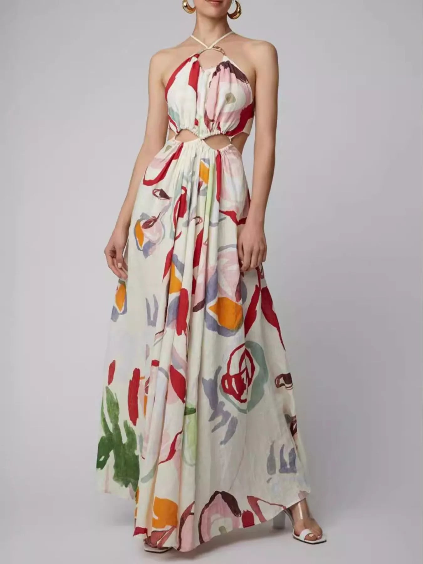 Printed Halter Neck Cut-Out Maxi Dress