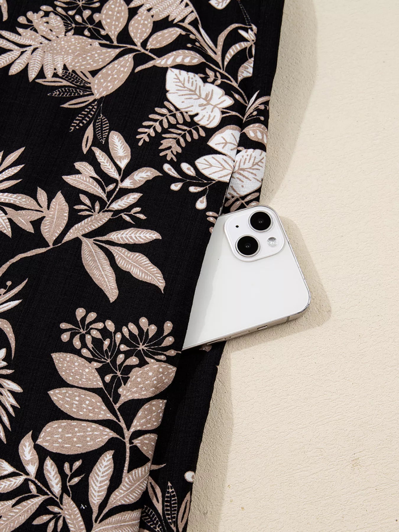 3/4 Sleeve Botanical Print Split Neck Loose Mini Dress