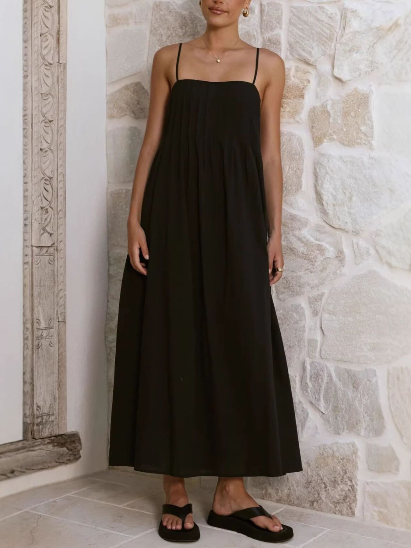 Pleated Bodice Midi Cami Dress