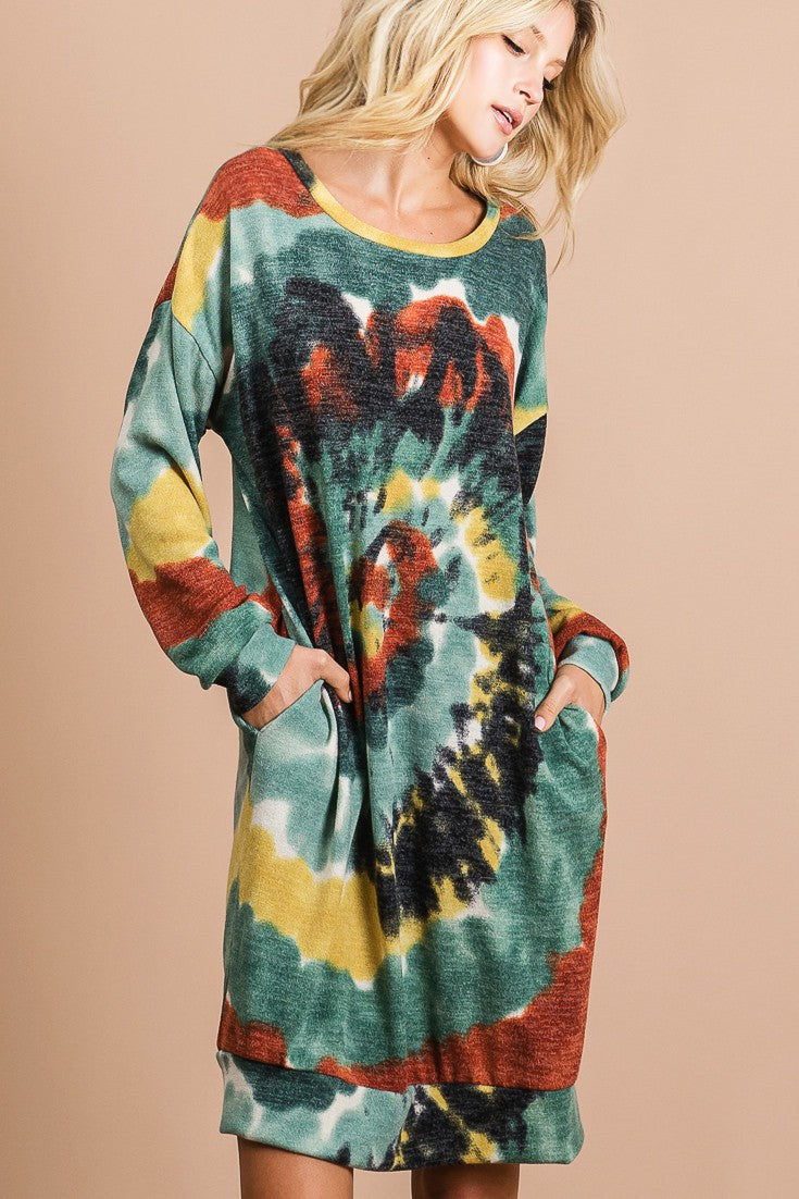 BiBi Tie Dye Print Knit Dress with Side Pocket