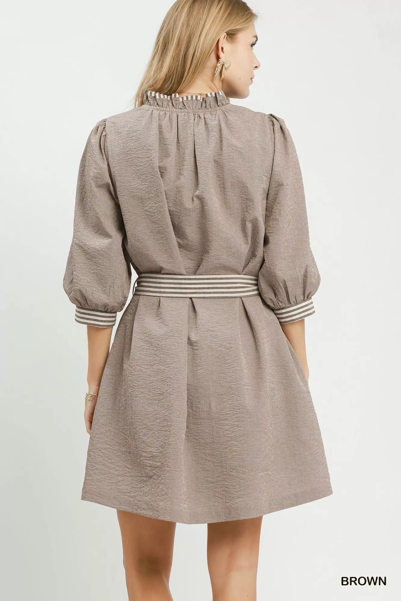 Umgee Textured Contrast Trim Tie Waist Mini Dress