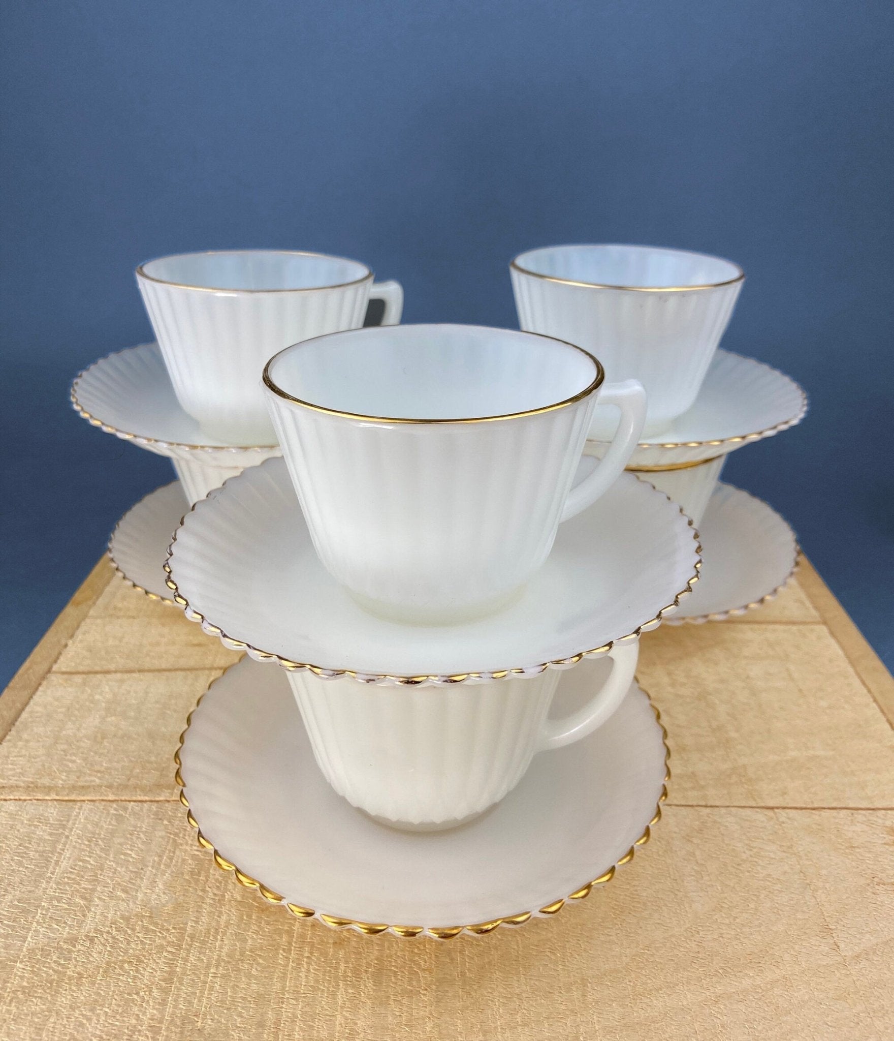 5 Opalescent Monax Petalware TeaCups. White and Gold Brim Depression Glass Coffee Cups. White Table Setting. Houseware. Dinning Room Decor. - Overture Gifts