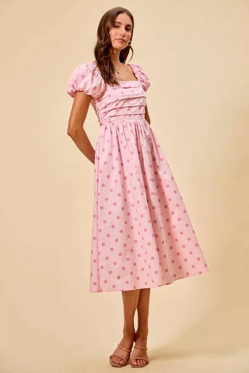 SO ME Polka Cotton Print Short Sleeves Midi Dress