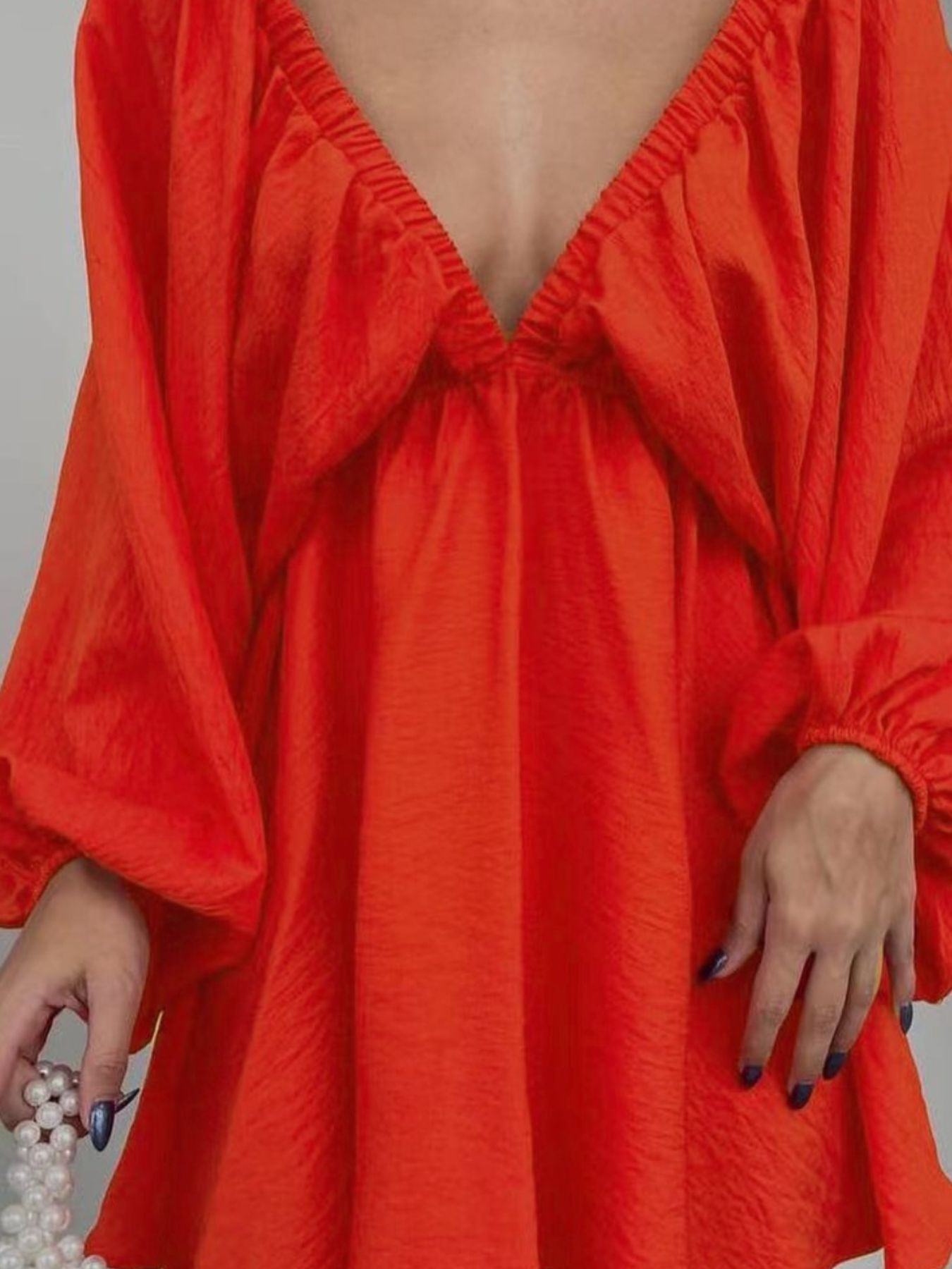 Deep V-Neck Balloon Sleeve Dress
