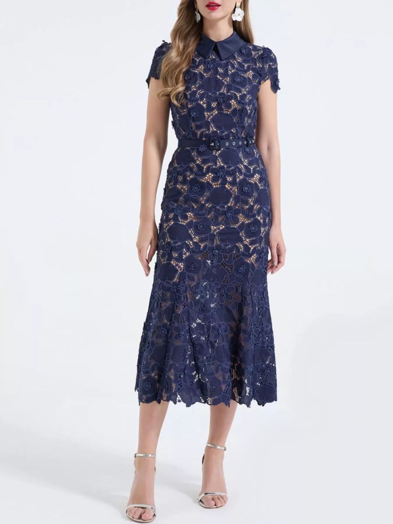Floral Lace Short Sleeve Midi Dress