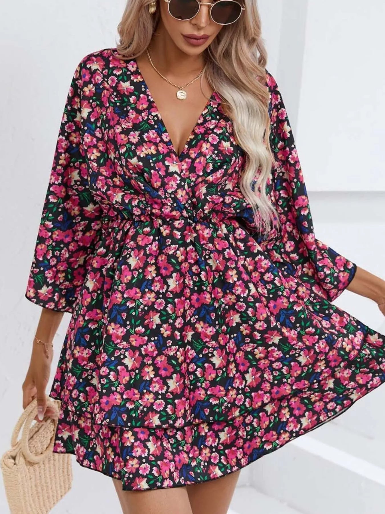 Floral Print Layered Ruffle Hem Mini Dress