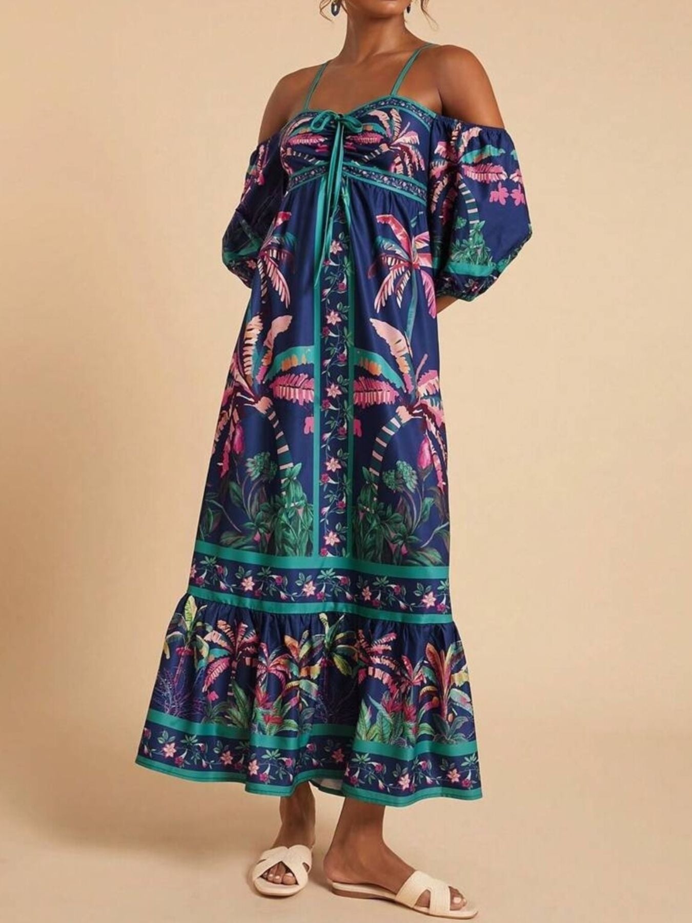 Tropical Print Spaghetti Strap Maxi Dress
