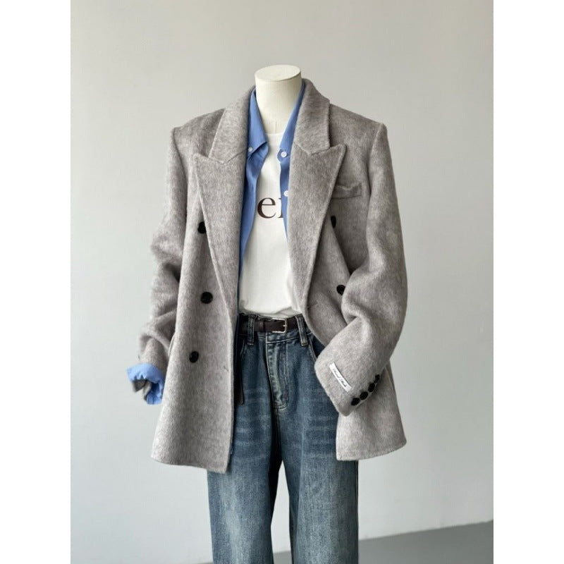 Womens Solid-Color Short Loose-Fit Double-Faced Cashmere Coat