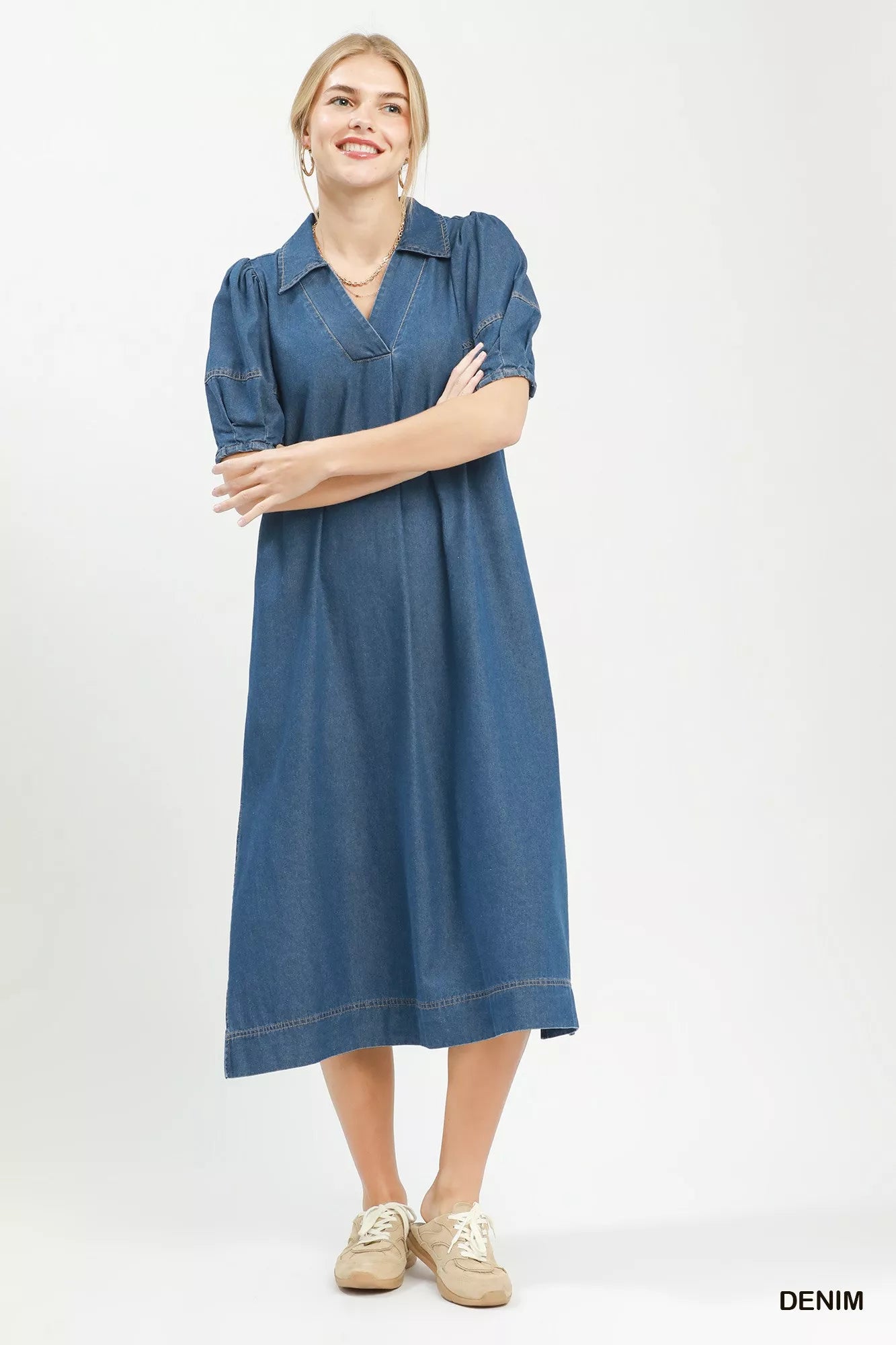 Umgee Chambray Collared Puff Sleeve Dress