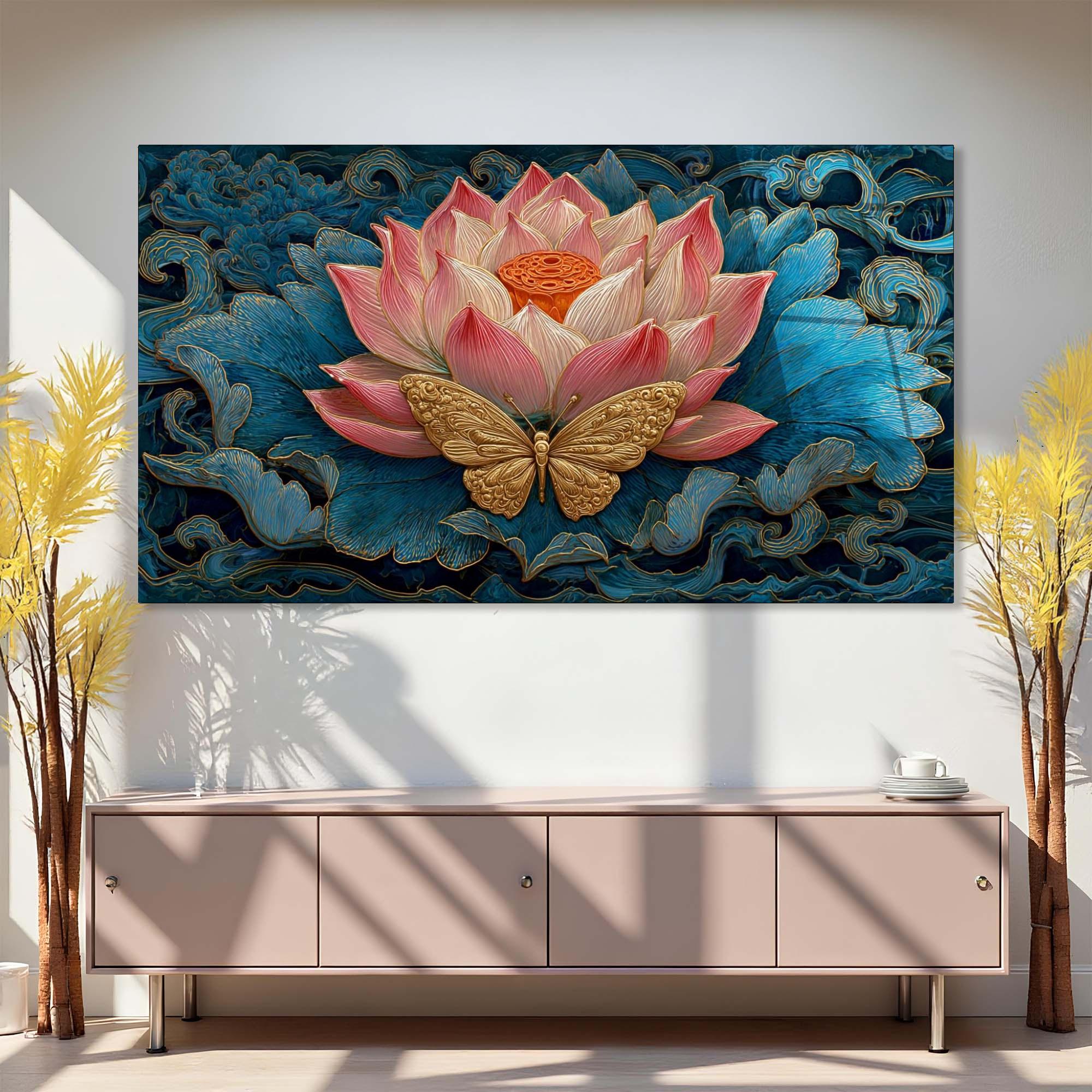 Lotus Butterfly Tempered Glass Wall Art | Asian Inspired Décor