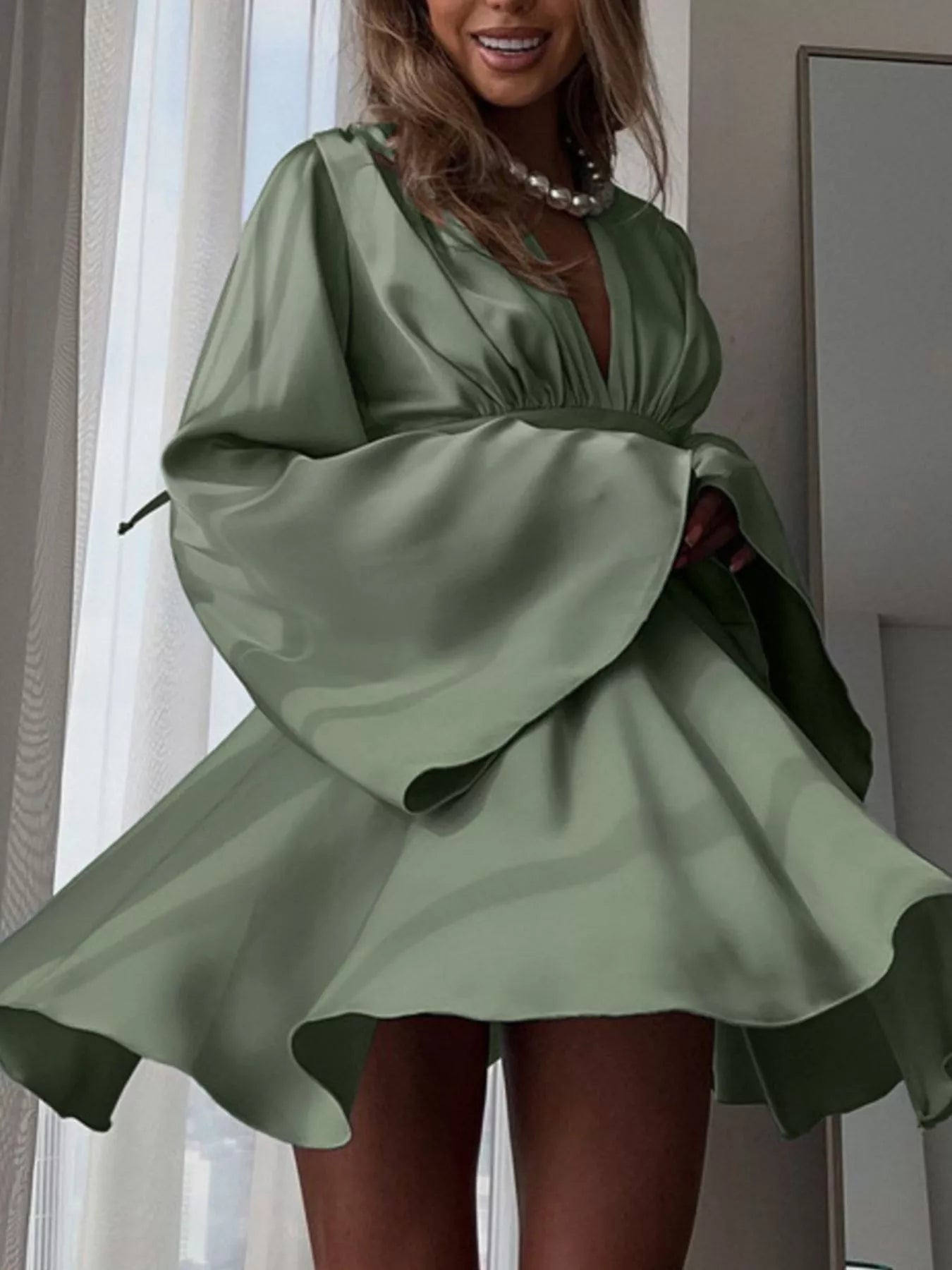 V-Neck Satin Mini Dress with Flowy Sleeves