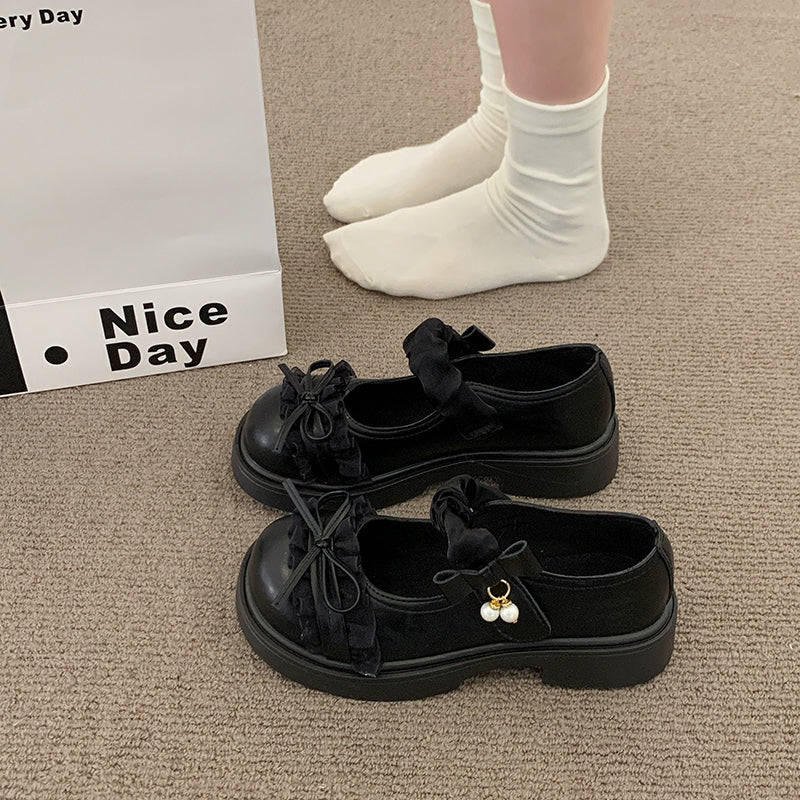 2026 New Sweet Lolita Bow Thick Heel Mary Jane Shoes Women's Thick Bottom JK Small Leather Shoes With Skirts Single Shoes