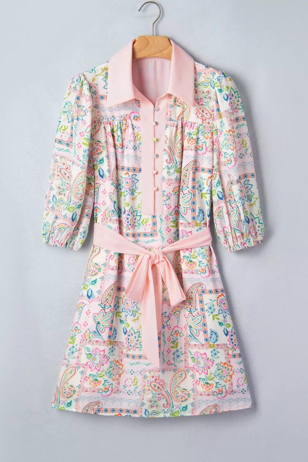 Floral Print Color Block Trim Half Button Belted Mini Dress