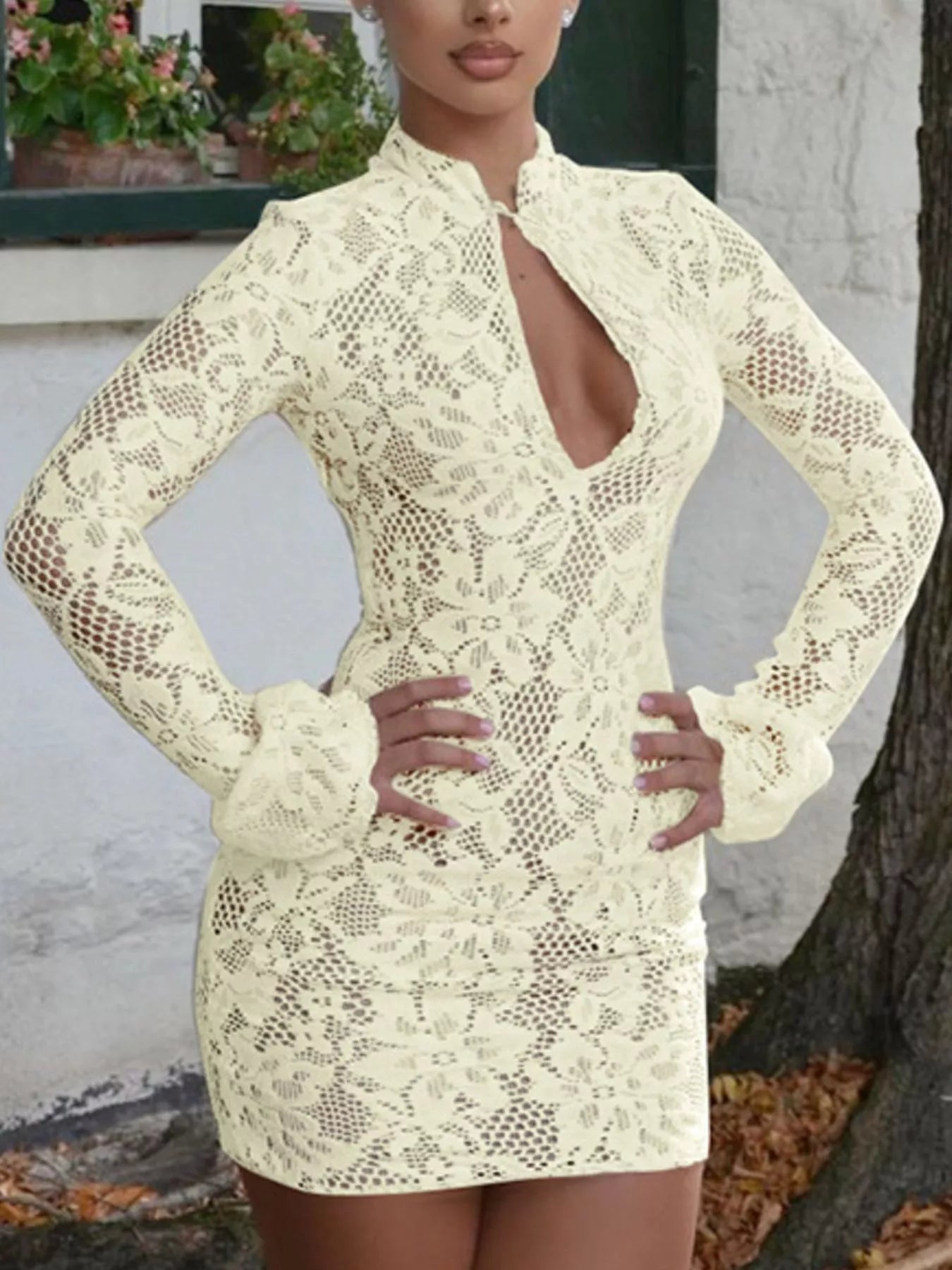 Lace Cutout Long Sleeve Mini Dress