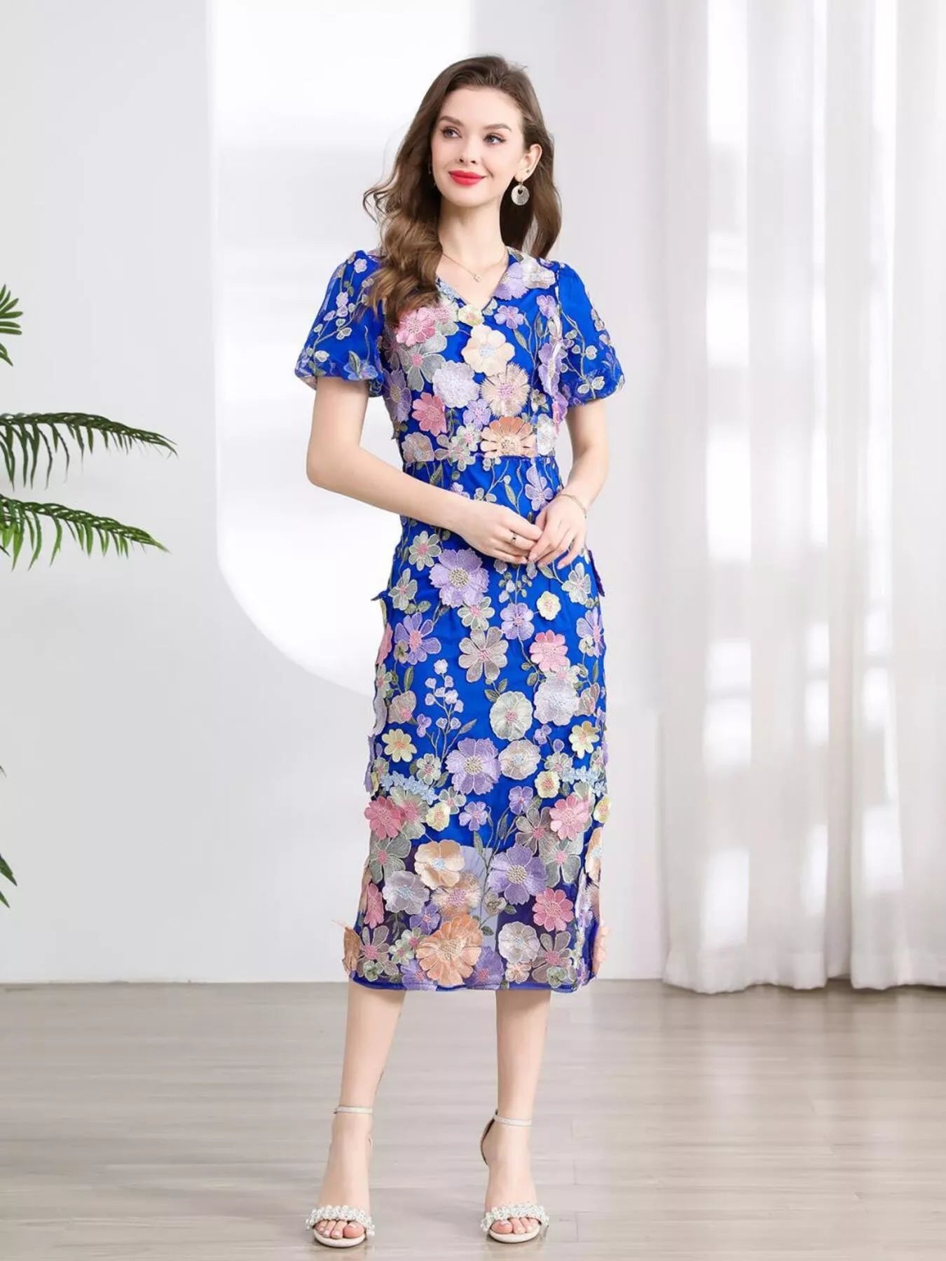 Floral Embroidered Puff Sleeve Midi Dress