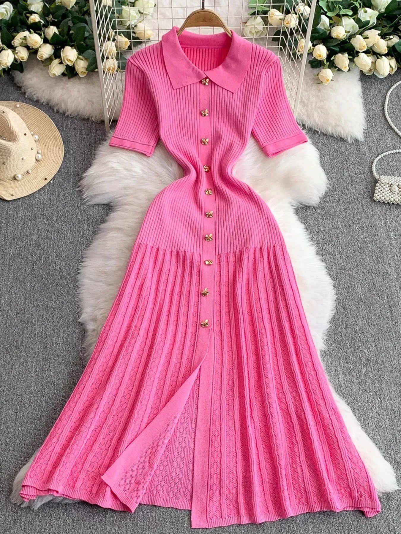 Button Front Ribbed Knit Midi Dress