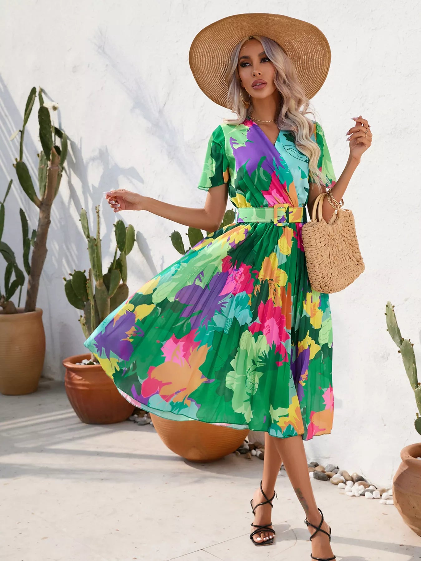 Pleated Tropical Print Belted Midi Dress