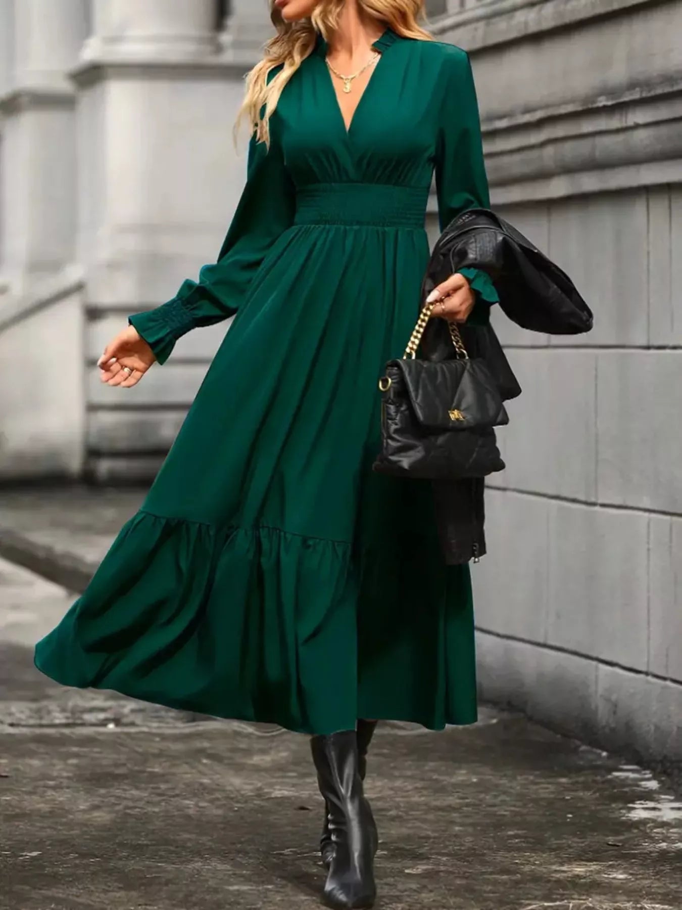 Surplice Long Sleeve Tiered Midi Dress