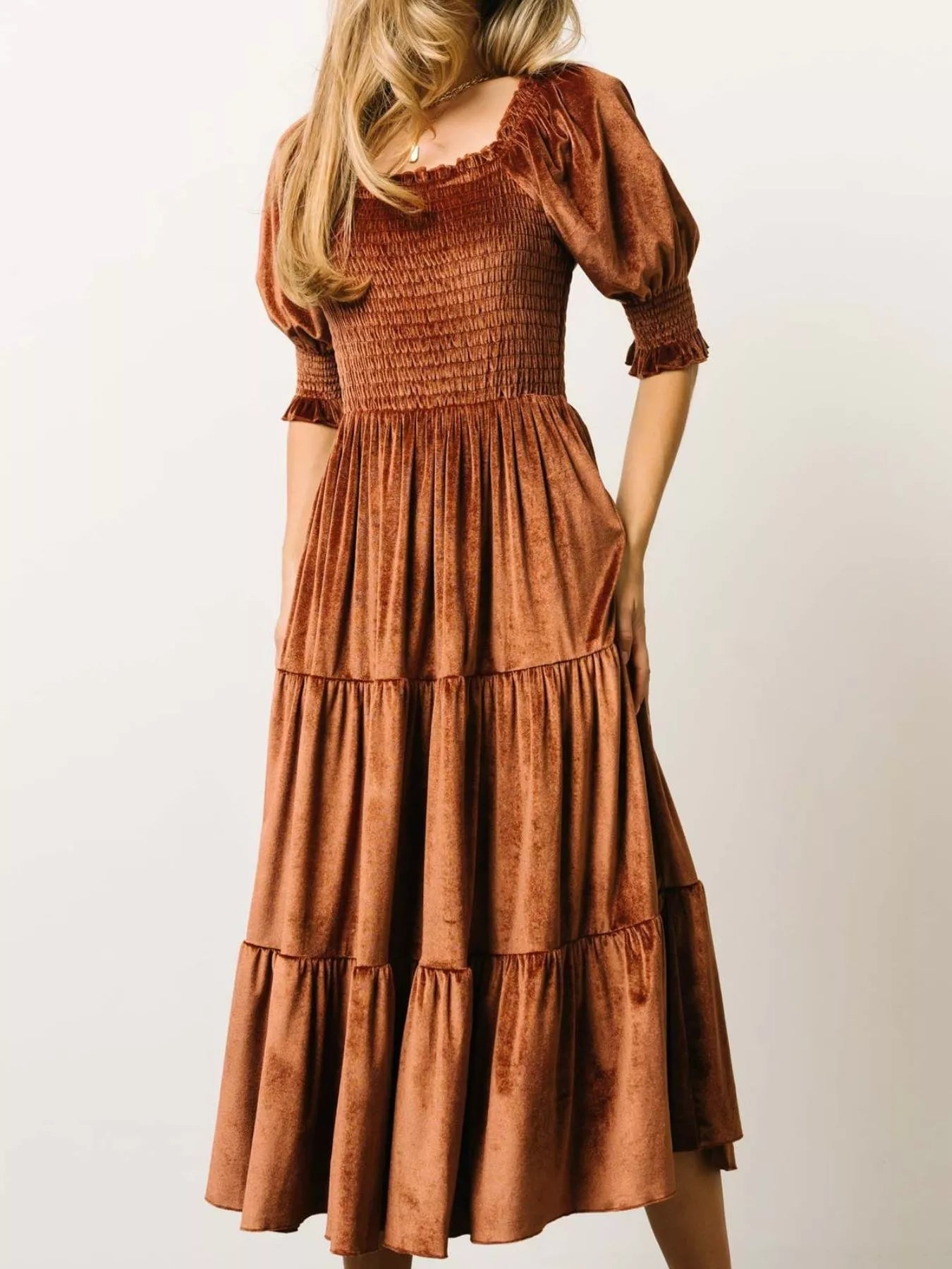 Velvet Smocked Tiered Midi Dress