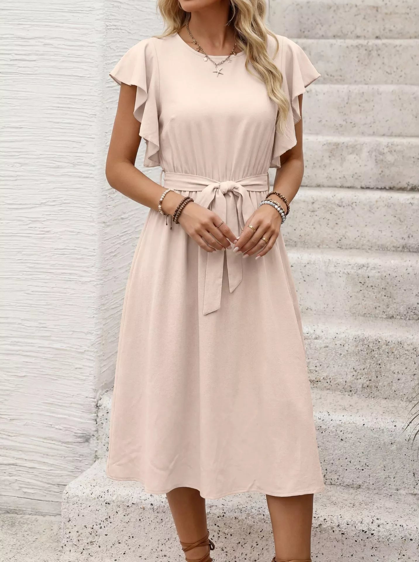 Ruffle Sleeve Tie Waist Midi Dress