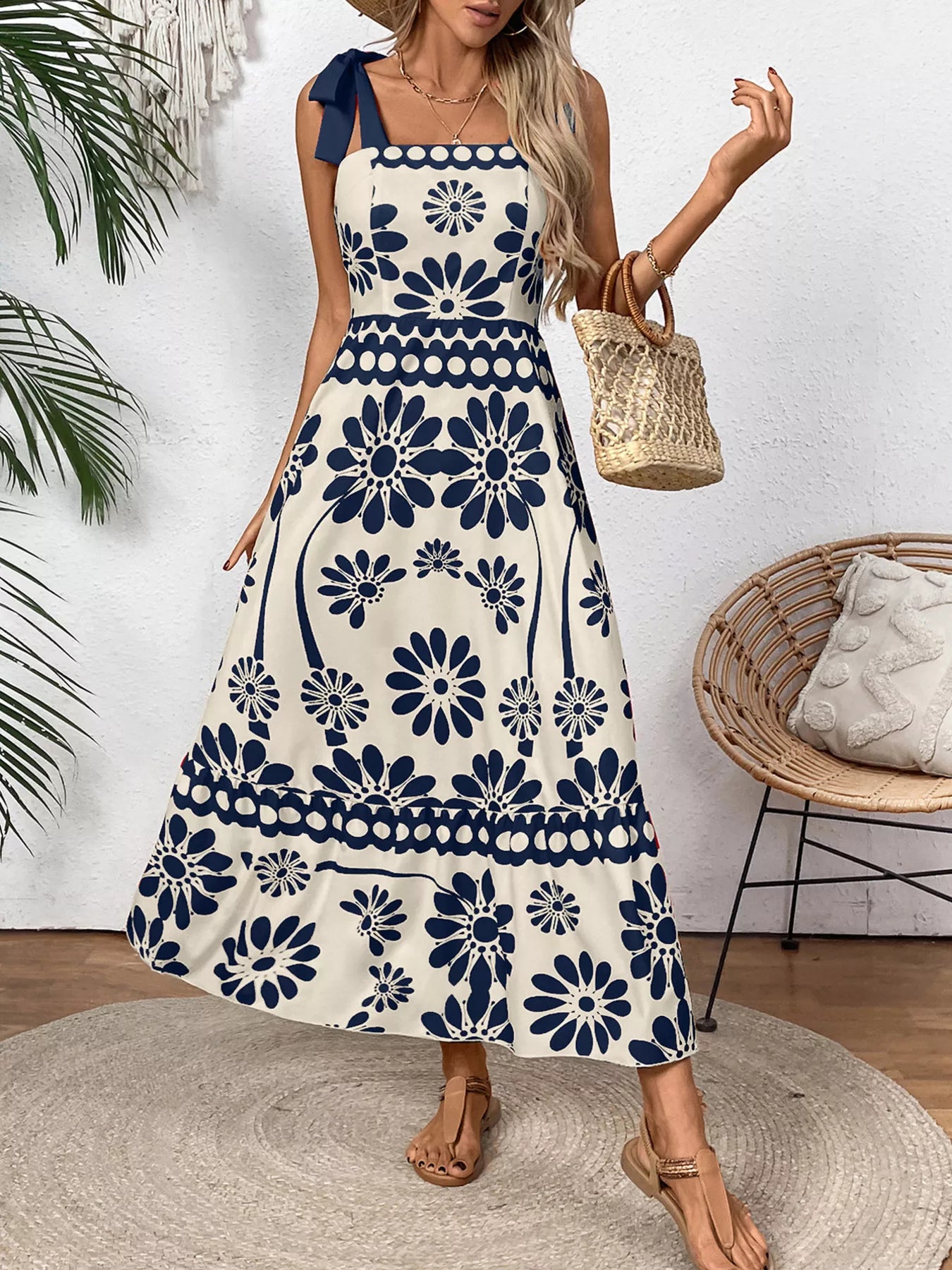 Floral Print Tie-Shoulder Midi Dress