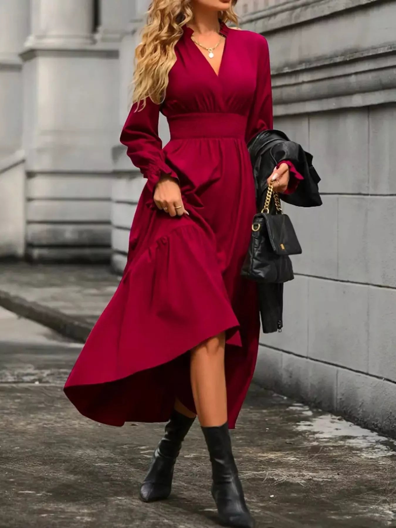 Surplice Long Sleeve Tiered Midi Dress