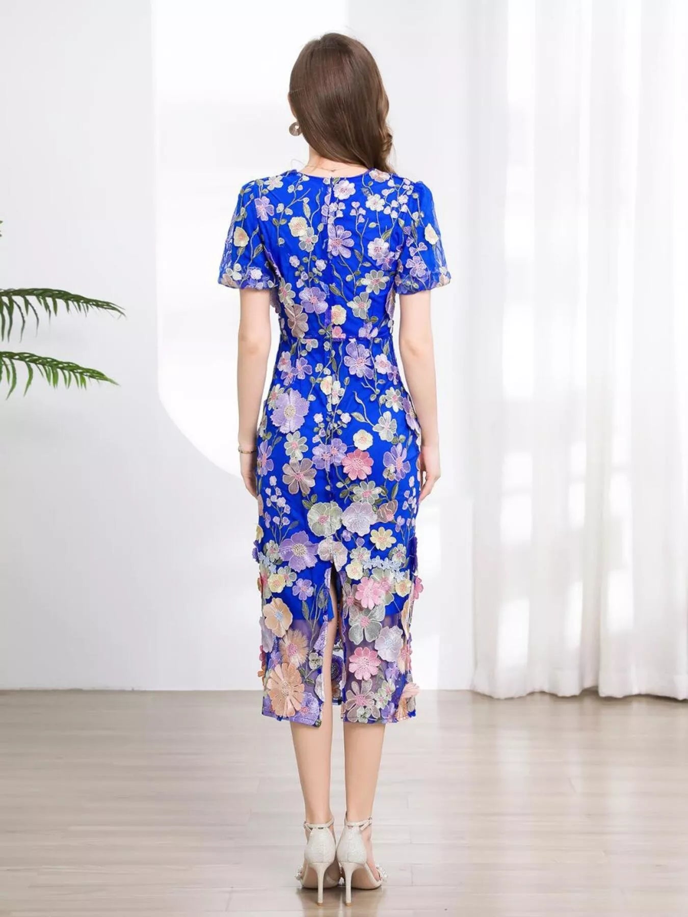 Floral Embroidered Puff Sleeve Midi Dress