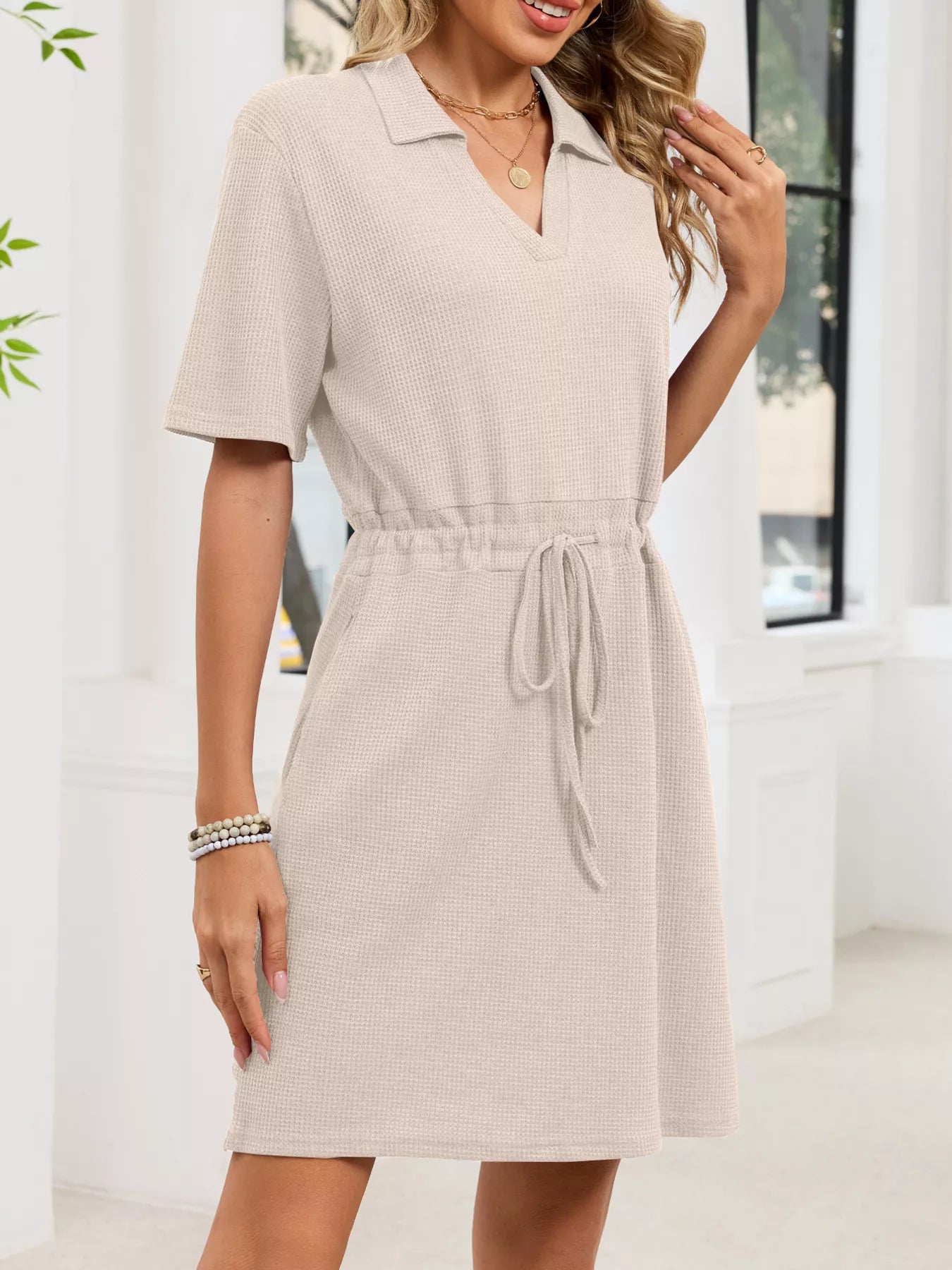 Casual Knit Polo Collar Drawstring Waist Dress