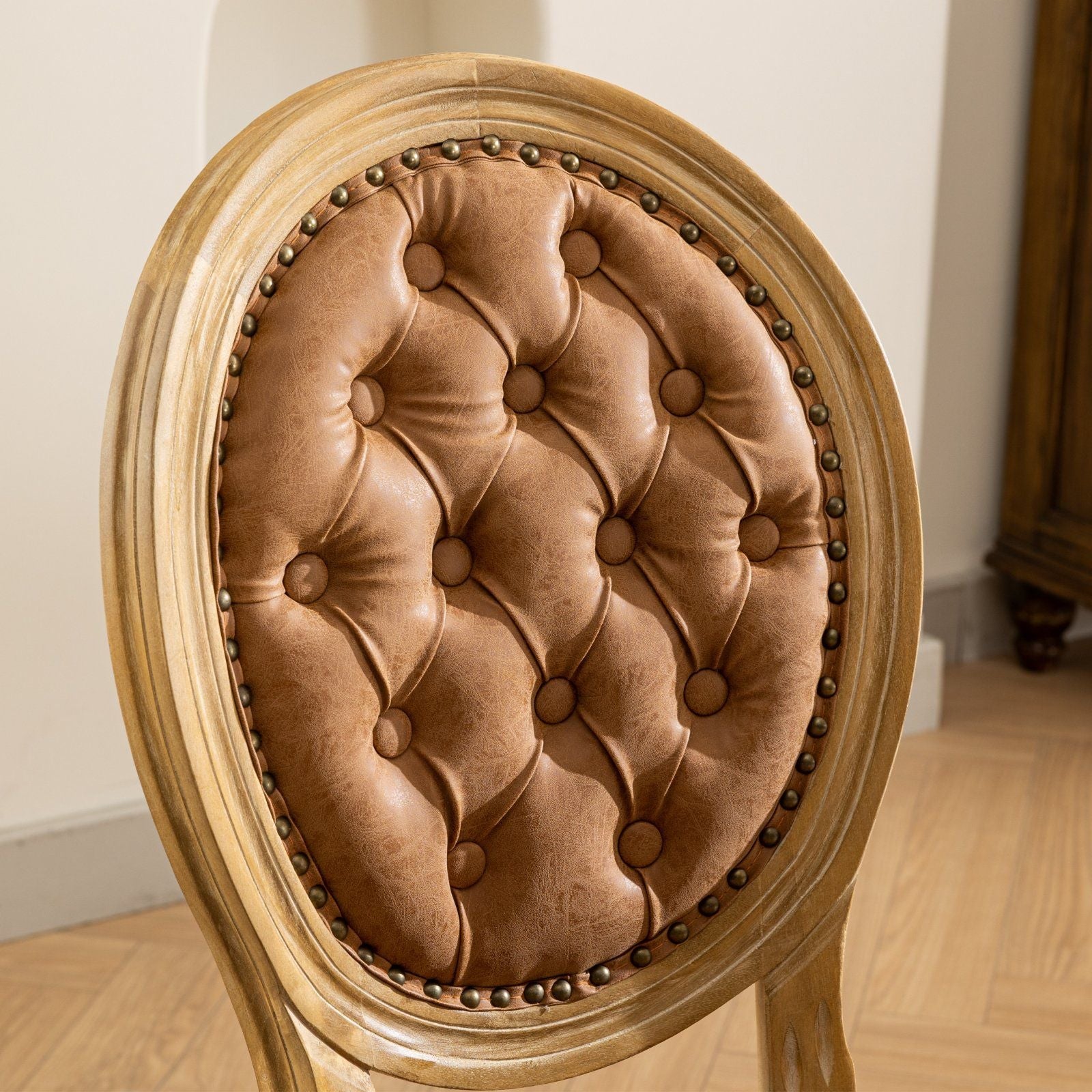 French Style Solid Wood Frame Antique Painting, Hand-Pulled Buckle Decoration Artificial Dining Chair With Nailhead Trim, Wood Legs