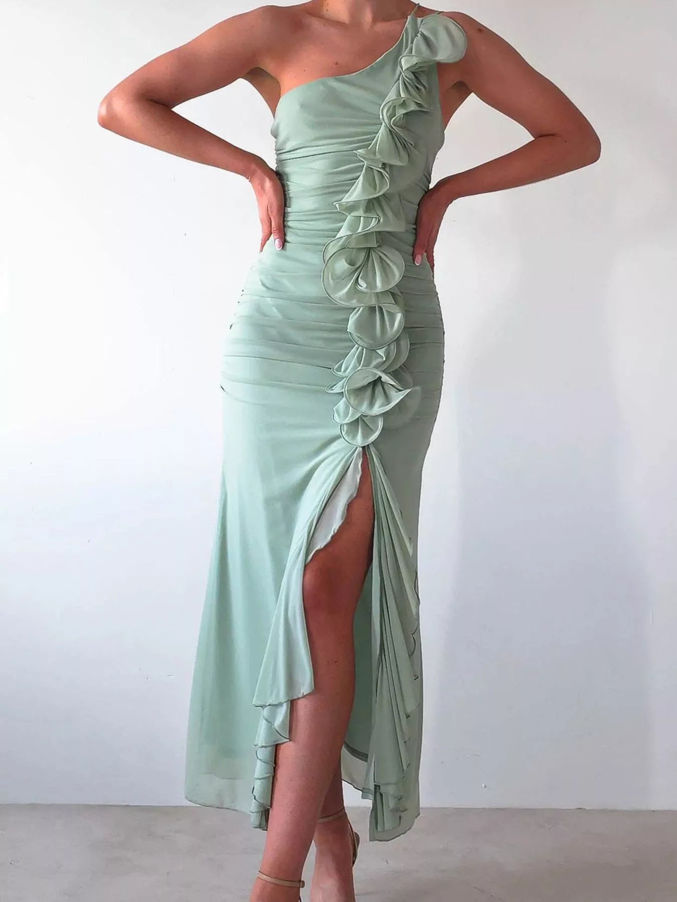 One-Shoulder Ruffle Slit Dress