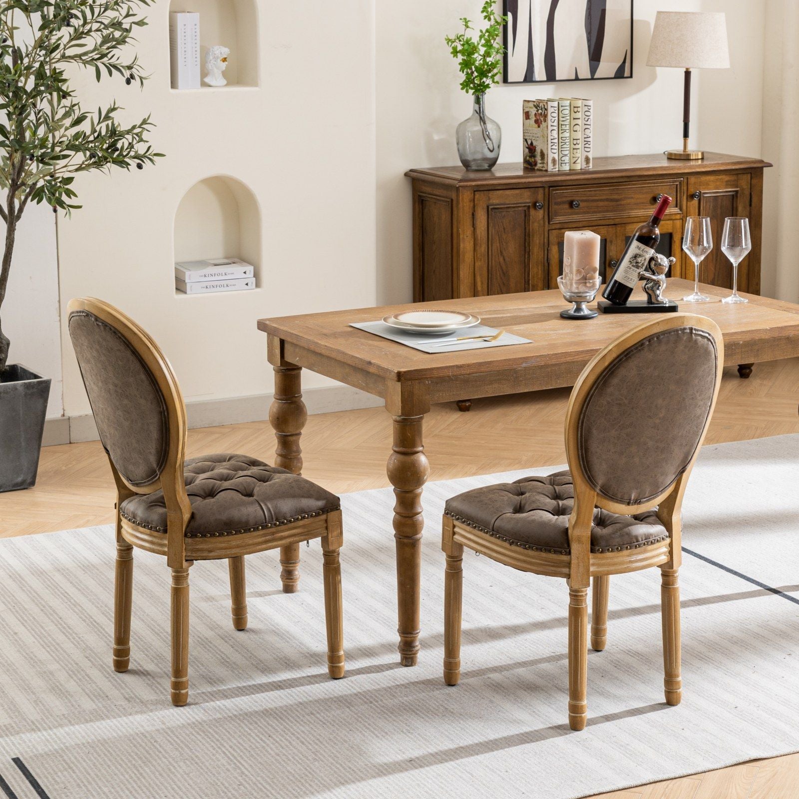 French Style Solid Wood Frame Antique Painting, Hand-Pulled Buckle Decoration Artificial Dining Chair With Nailhead Trim, Wood Legs