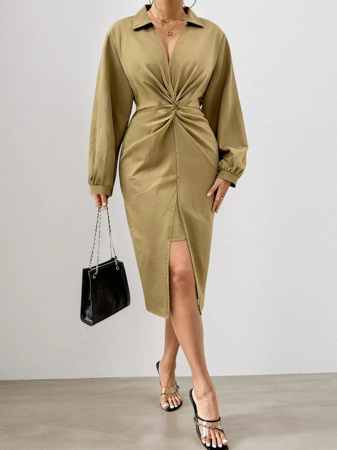 Plus Size Twist Front Split Midi Dress
