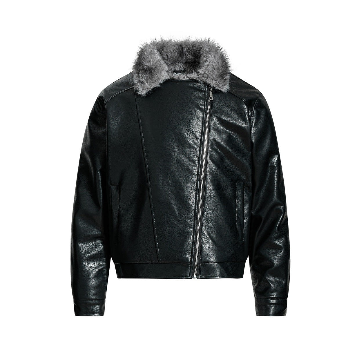 Fur-lined leather jacket motorcycle puffer coat