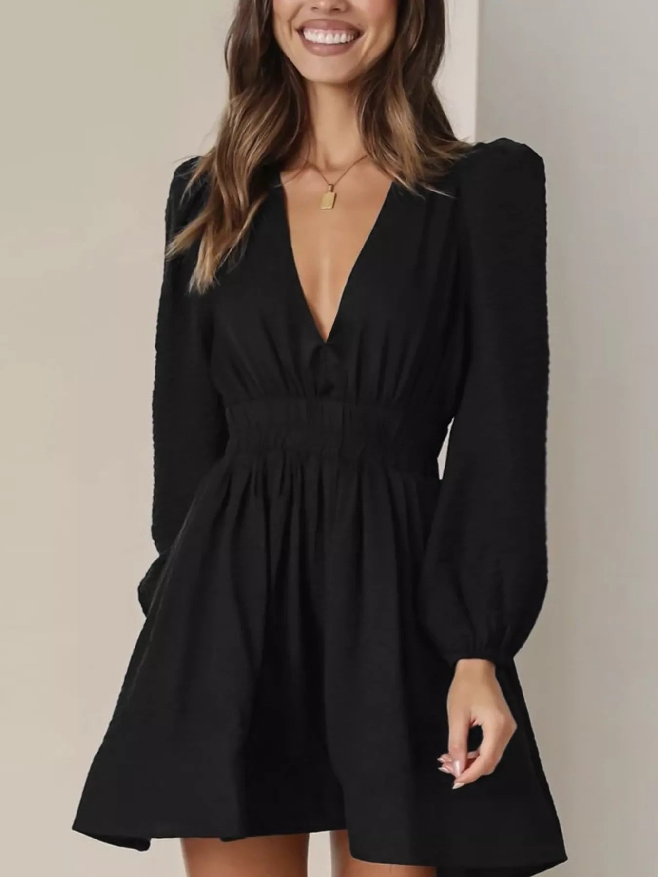 V-Neck Long Sleeve Mini Dress