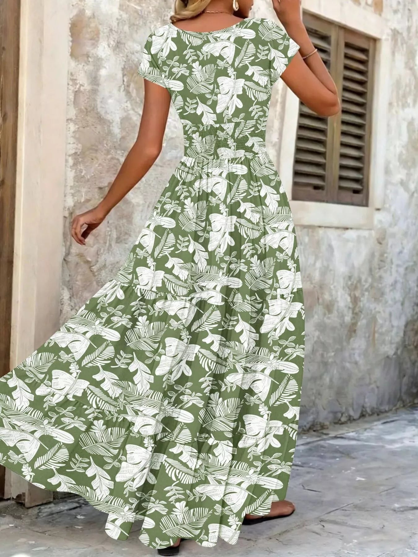 Full Size Printed V-Neck Tiered Maxi Dress Plus Size