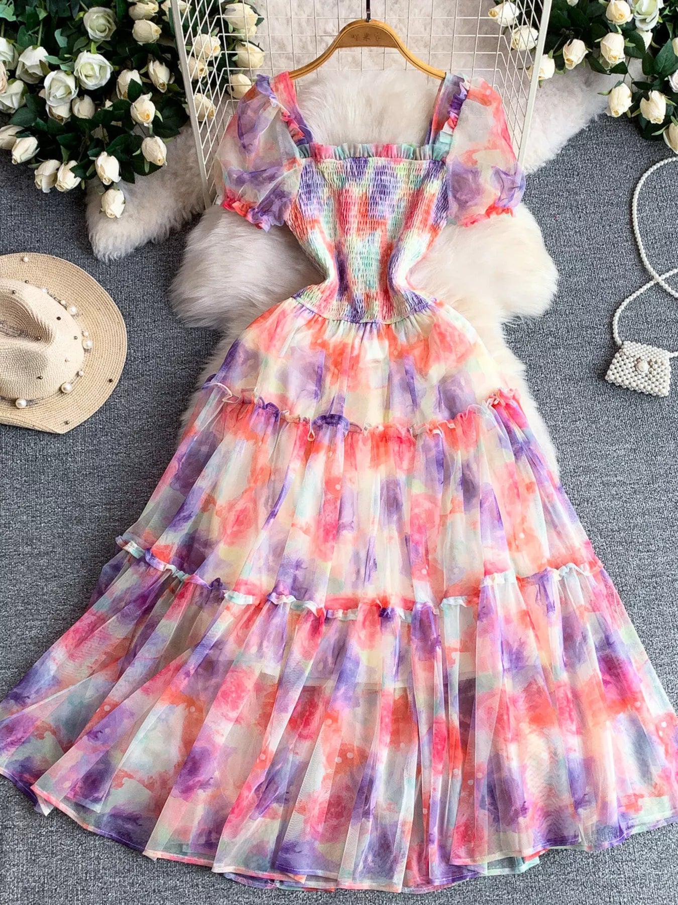 Smocked Floral Tiered Mesh Midi Dress