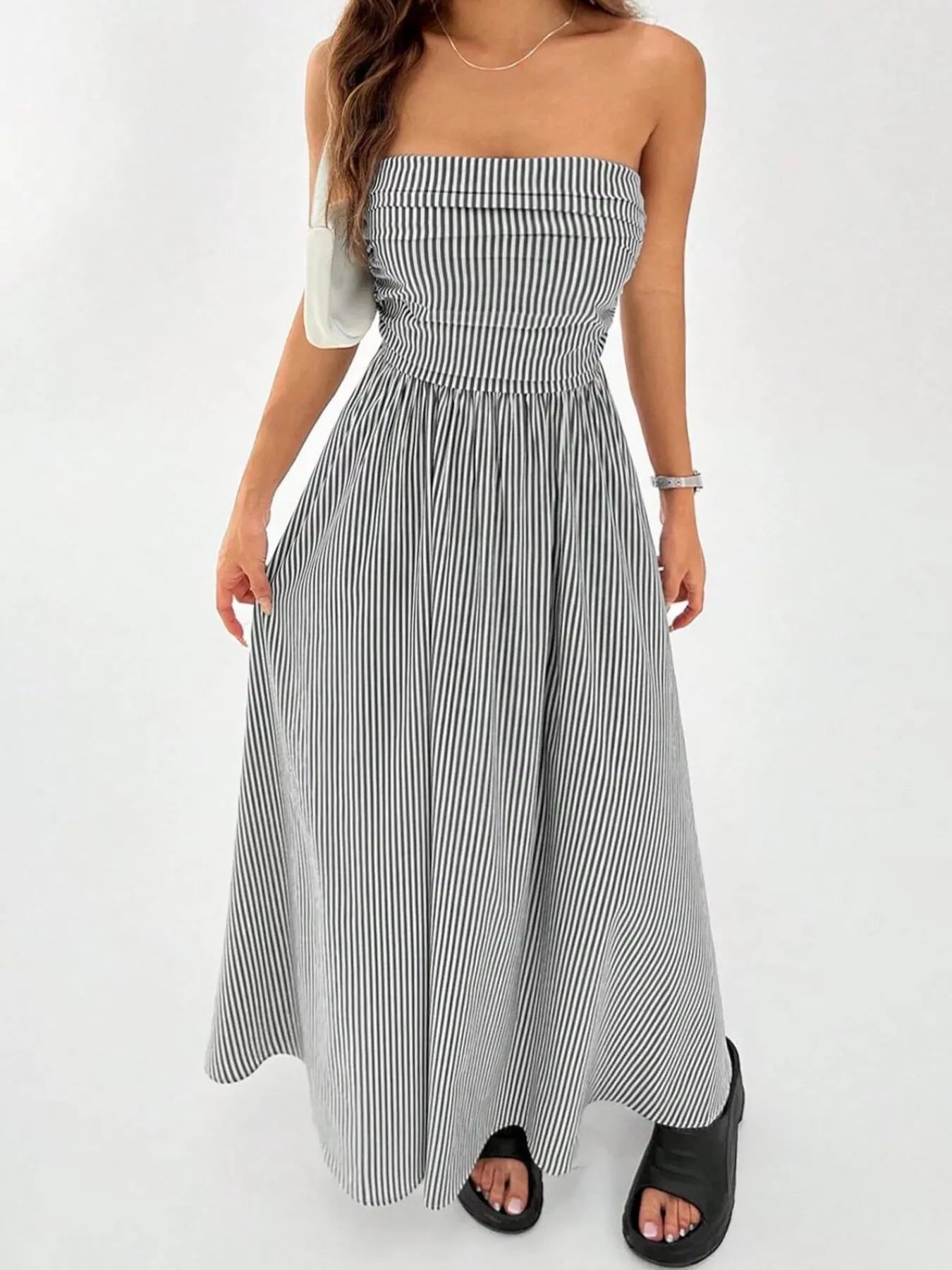Striped Strapless Casual Maxi Dress