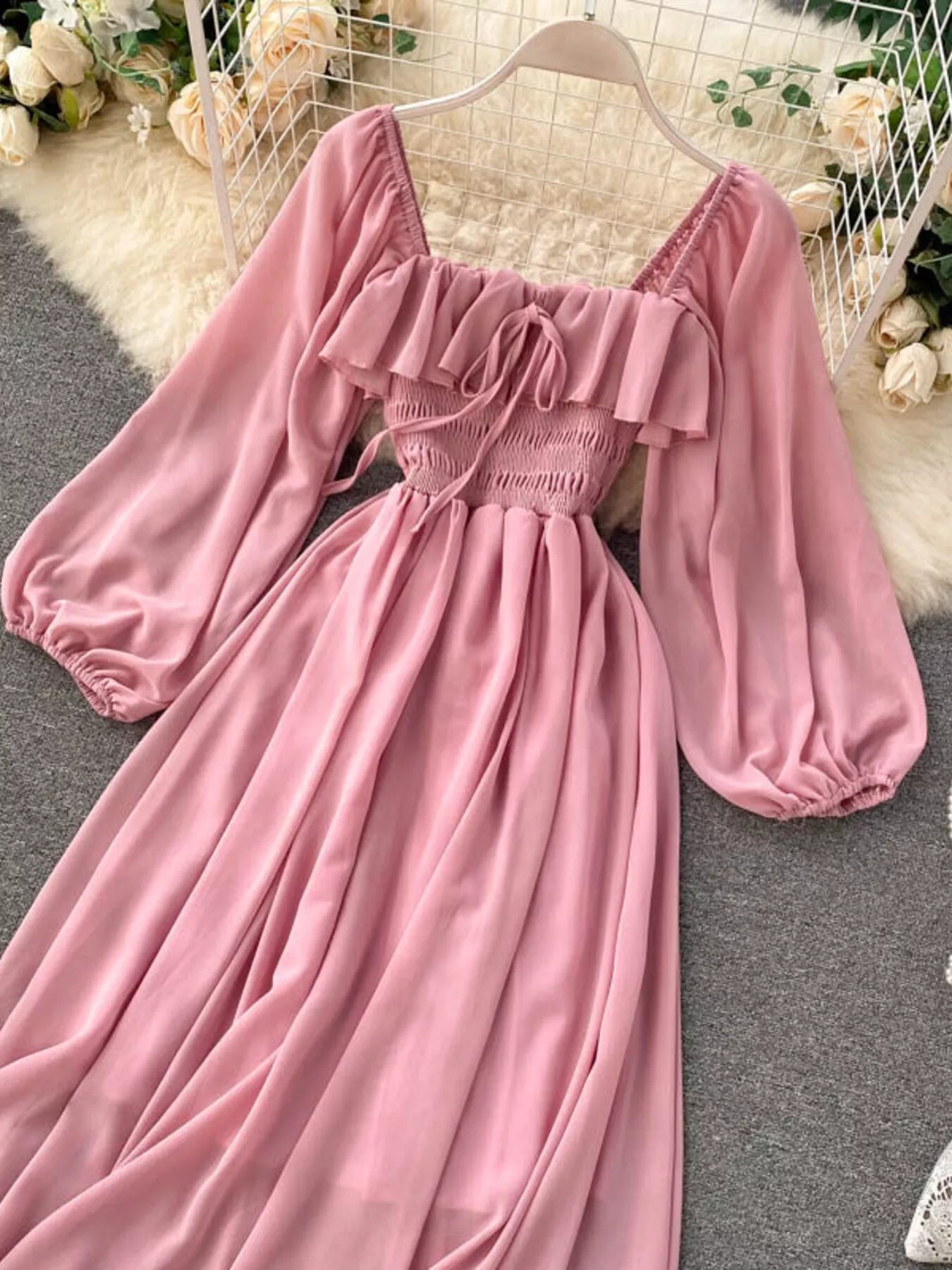 Ruffle Square Neck Balloon Sleeve A-Line Dress