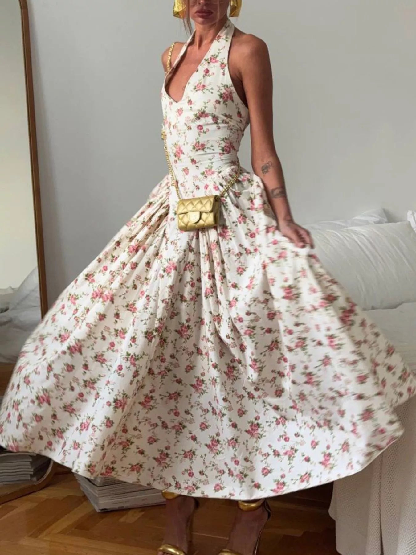 Floral Print Halter Neck Midi Dress