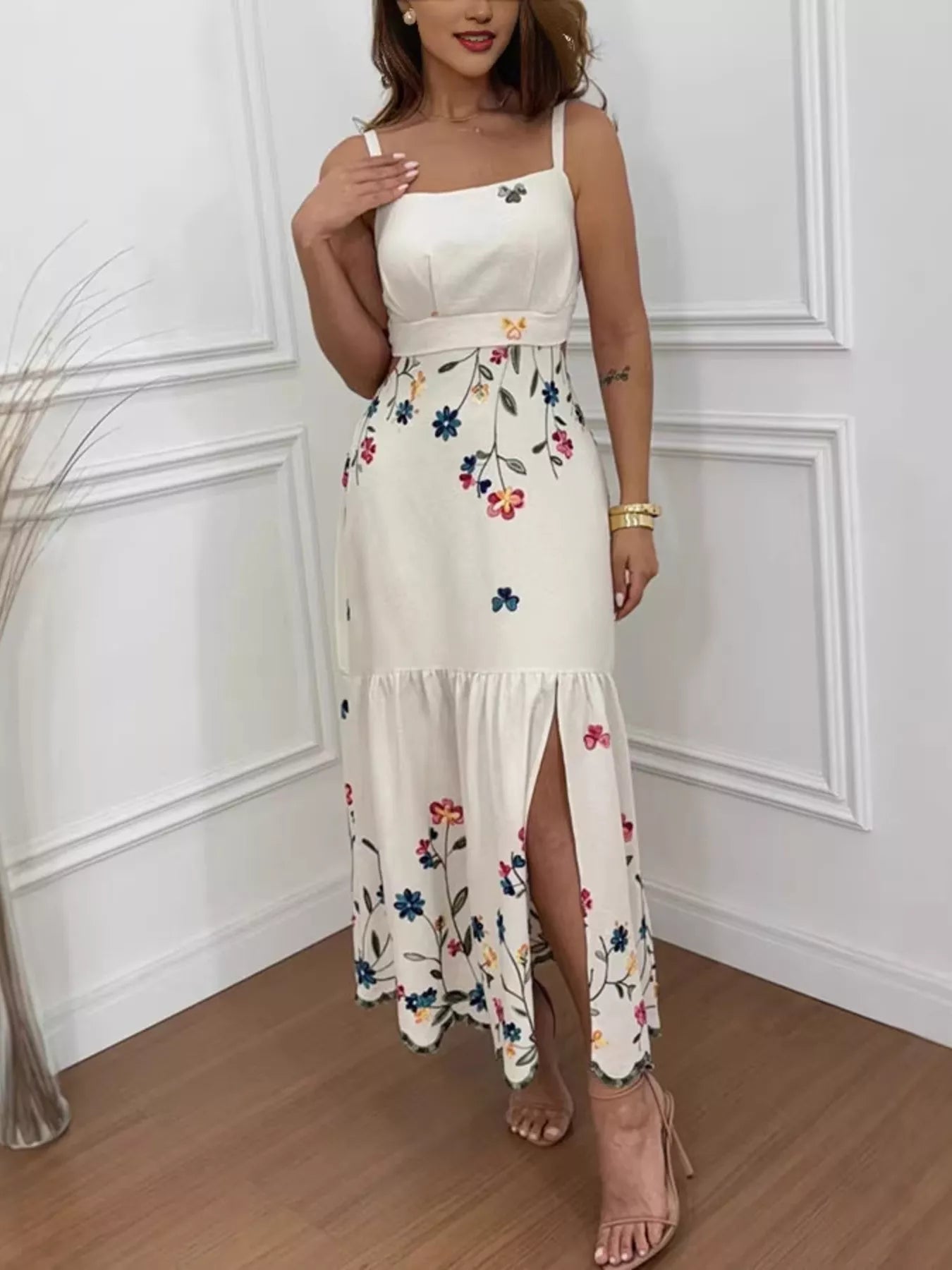 Floral Print Cutout Back Slit Hem Midi Dress