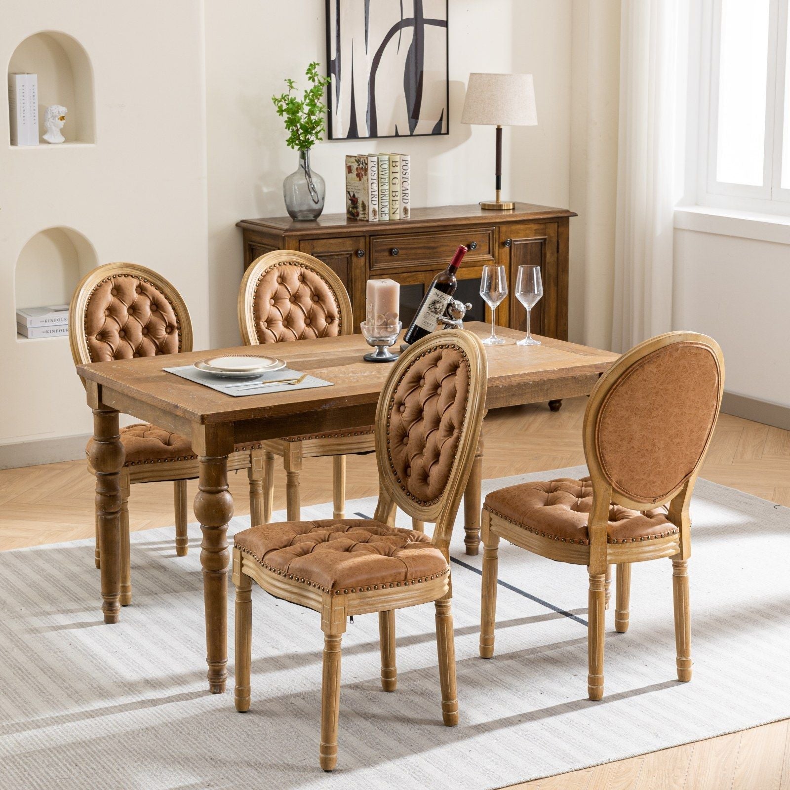 French Style Solid Wood Frame Antique Painting, Hand-Pulled Buckle Decoration Artificial Dining Chair With Nailhead Trim, Wood Legs