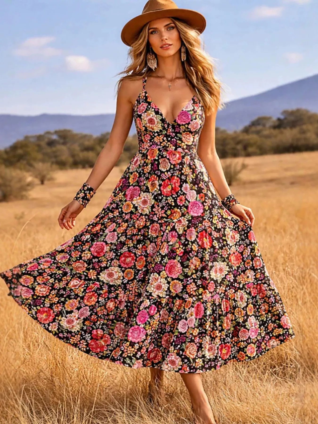 Floral Print V-Neck Midi Dress