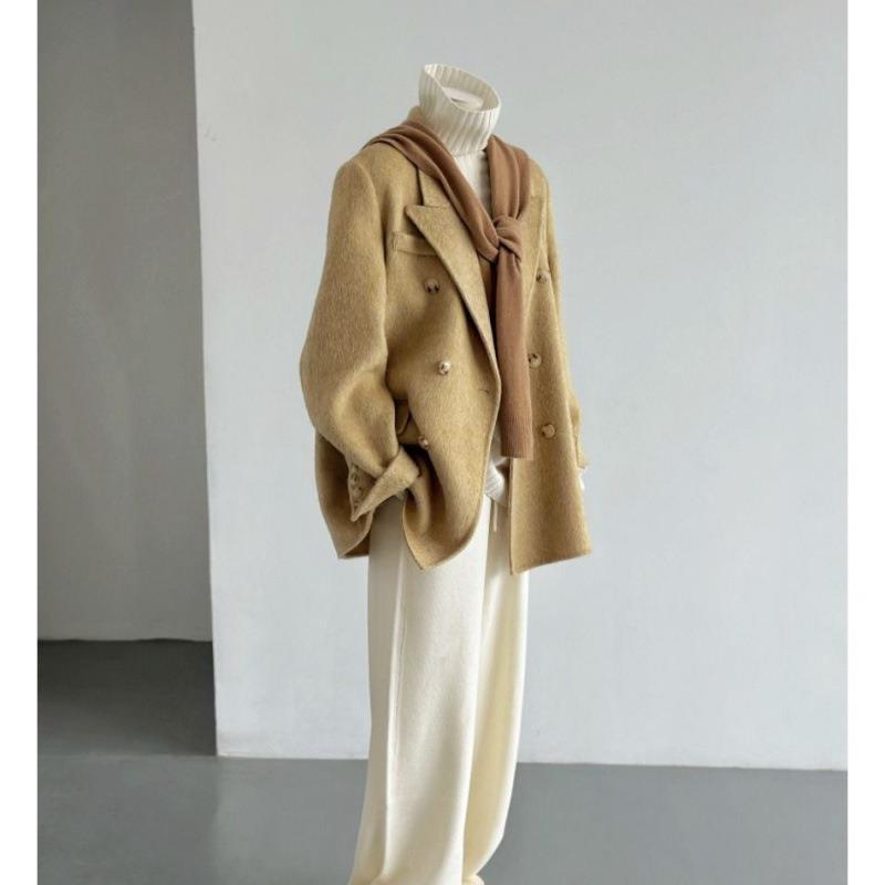 Womens Solid-Color Short Loose-Fit Double-Faced Cashmere Coat